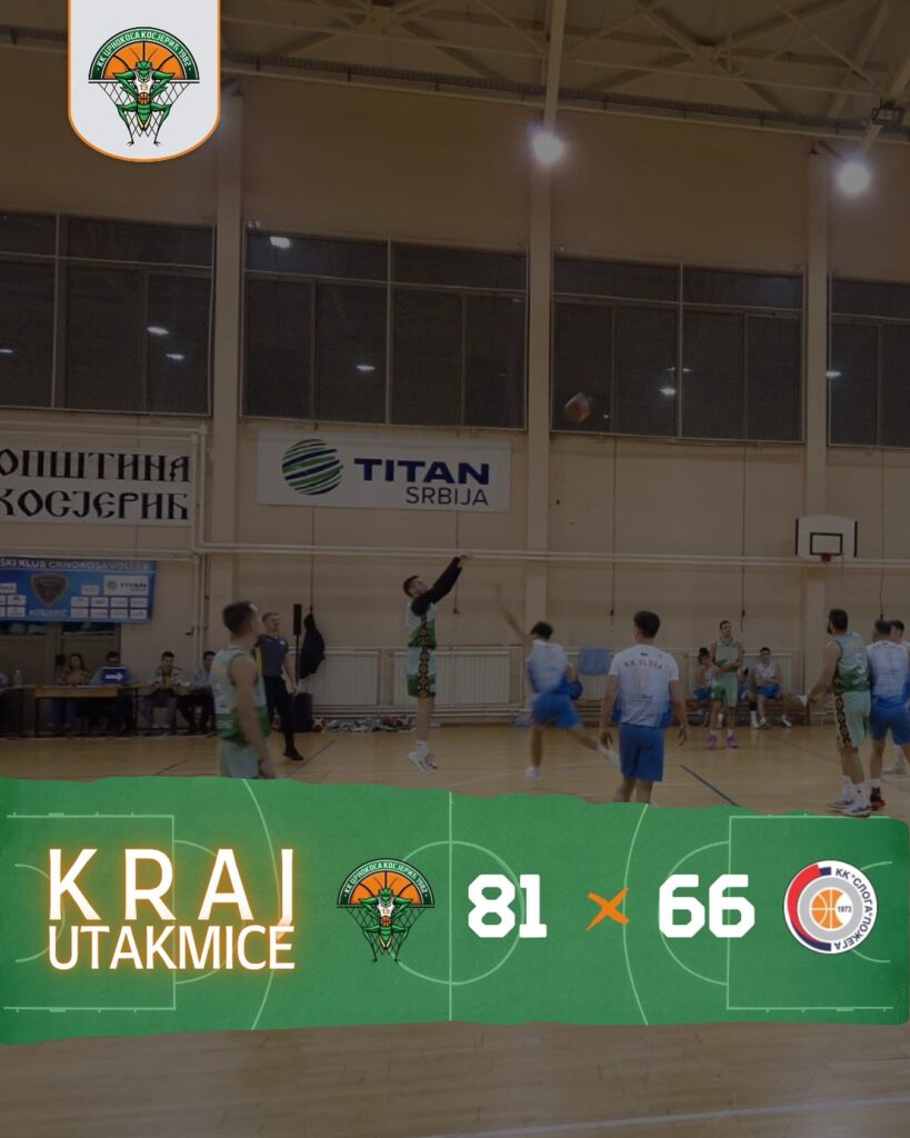 Kraj utakmice, rezultat 81:66, igrači u dresovima na terenu.