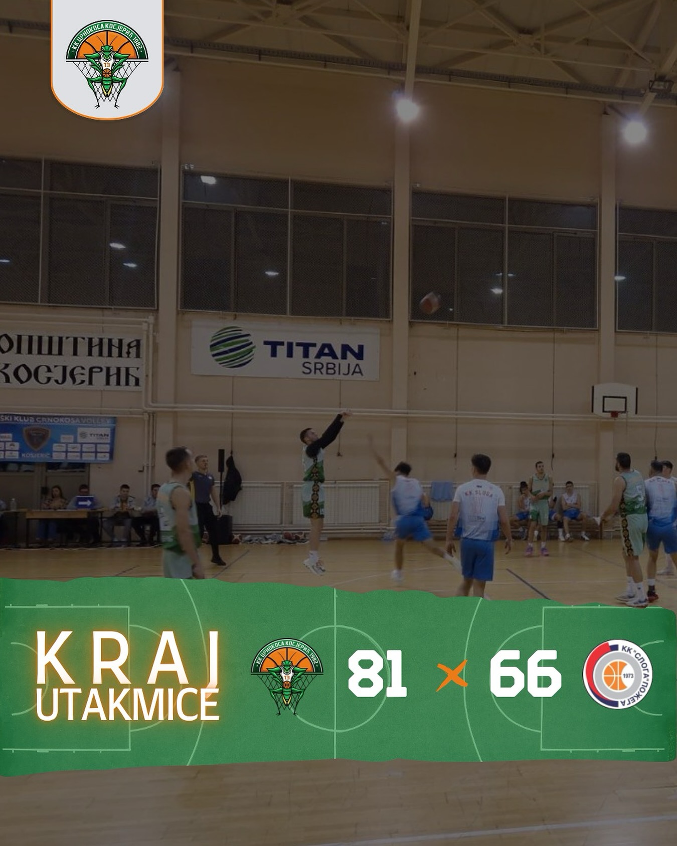 Kraj utakmice, rezultat 81:66, igrači u dresovima na terenu.