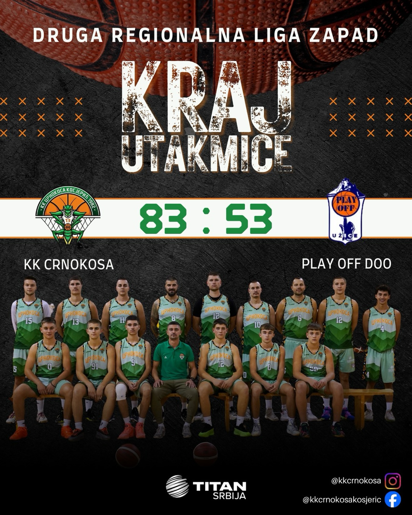 KRAJ UTAKMICE, KK Crnokosa 83 : 53, tim na terenu, košarkaši u zelenim dresovima.