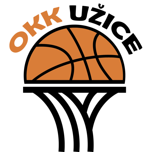 Logo košarkaškog kluba OKK Užice sa narandžastom loptom.