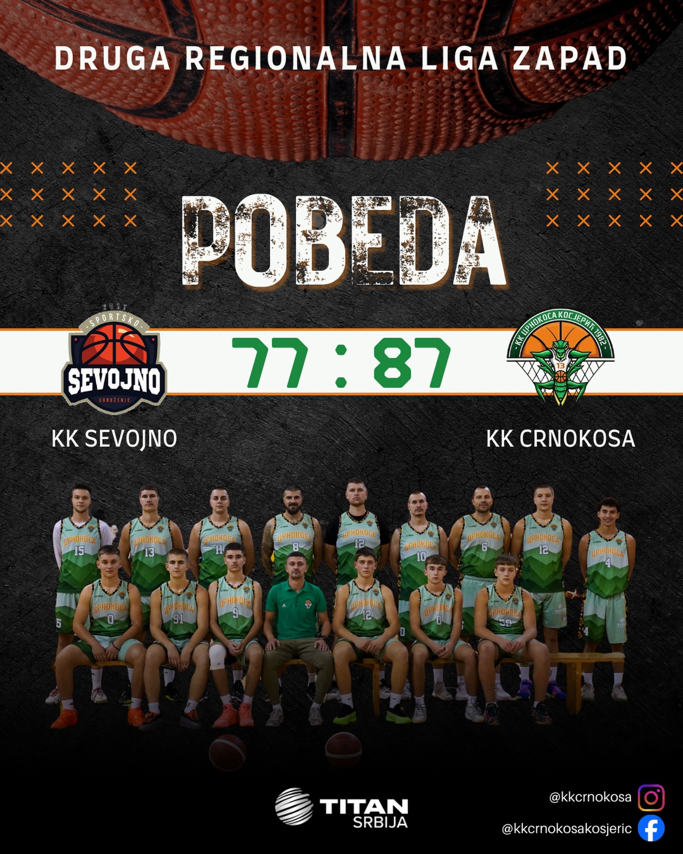 Timovi KK Sevojno i KK Crnokosa sa rezultatom 77:87, u pozadini košarkaška lopta.