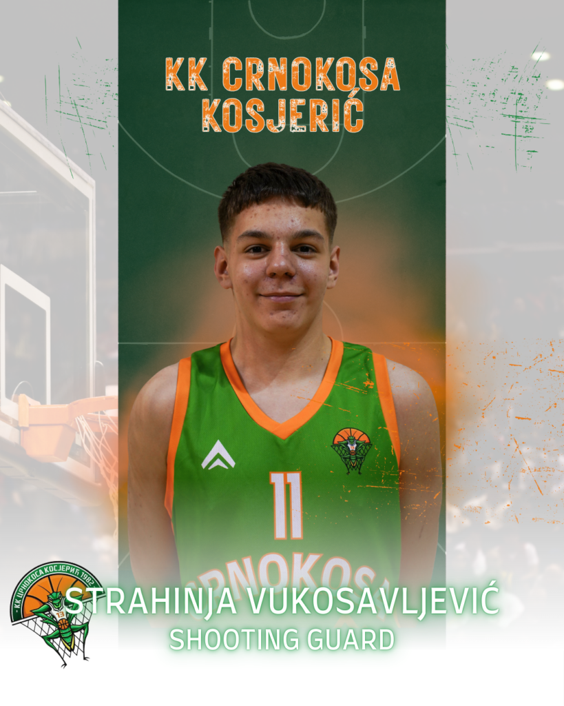 Mladi košarkaš u zelenoj i narandžastoj opremi, KK Crnokosa. Ime i pozicija ispod slike.