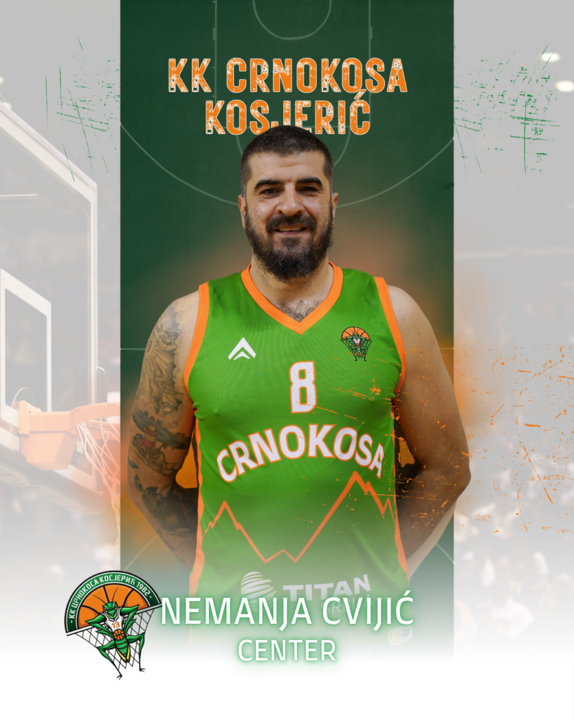 Muškarac sa bradom u košarkaškoj majici narandžaste i zelene boje, broj 8.