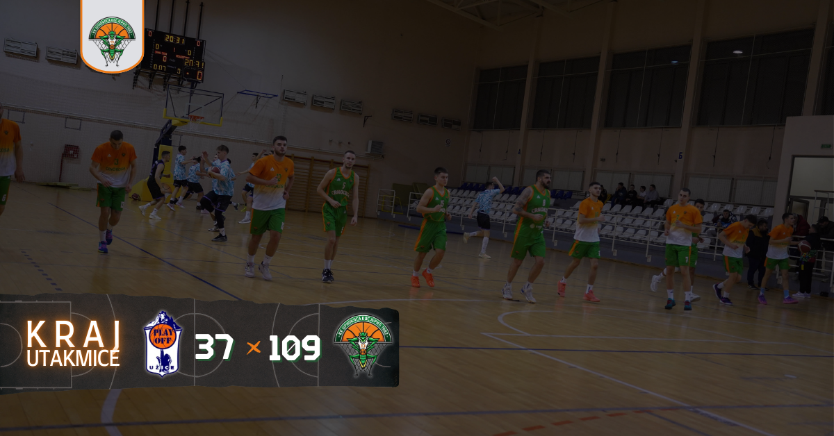 Košarkaši trče u sali, grafika „Kraj utakmice 37:109“